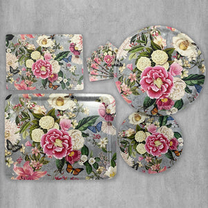 Enchanted Garden Round Tray - Grey Linen