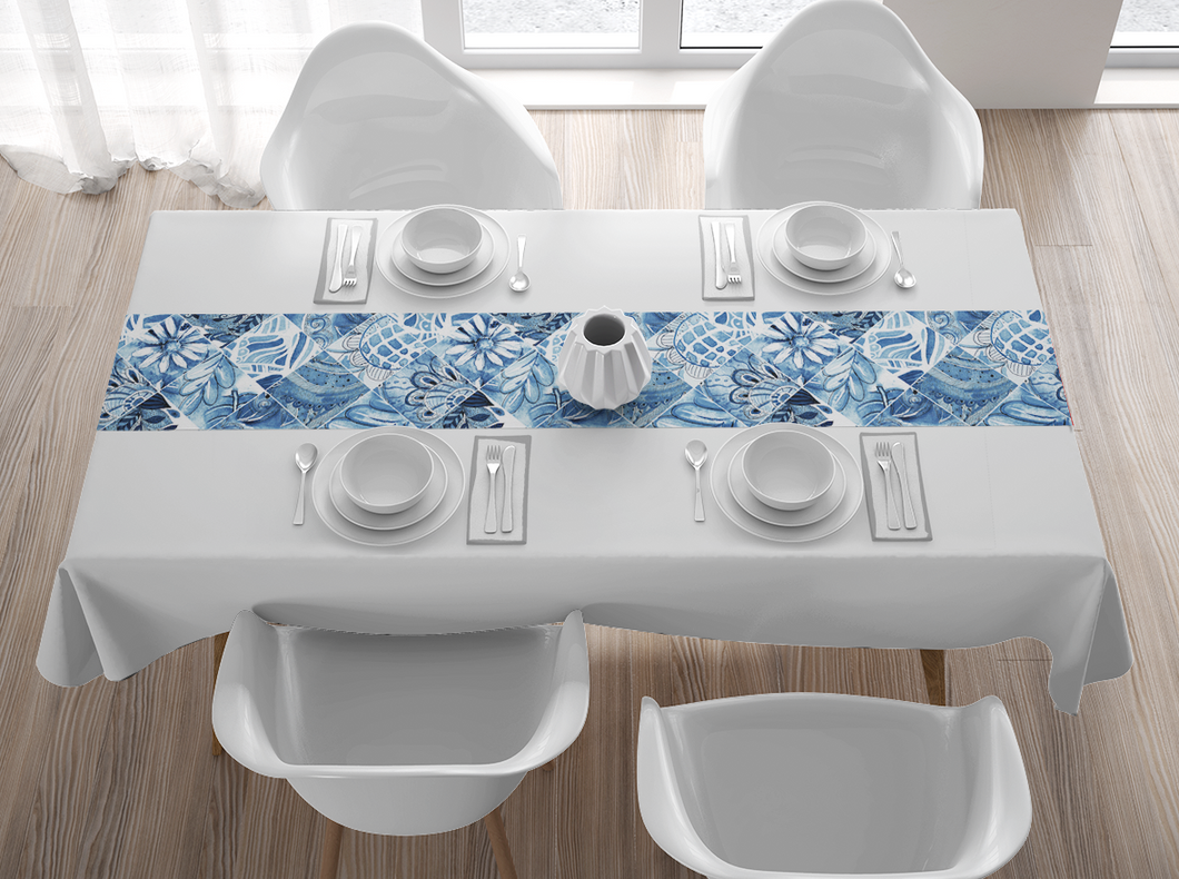 Textile Table Runner - Spanish Tiles - Blue and White