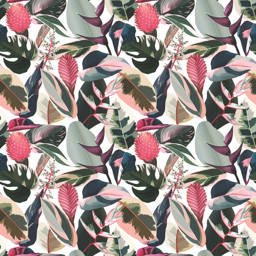 Tablecloth - Tropical Pink - Leaves and Flowers - White